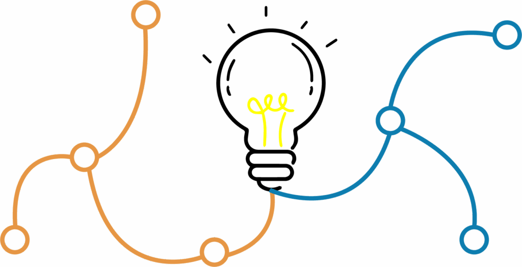 Image représentant une ampoule au centre avec des courbes représentant des fils électriques qui dirigent vers les différentes catégorie de produits